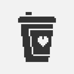 black and white simple flat 1bit vector pixel art icon of paper cup with lid for coffee