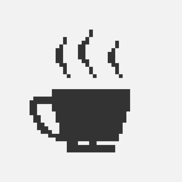 black and white simple flat 1bit vector pixel art icon of cup with hot drink