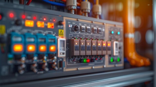 On-off heater and indicator light inside medium voltage switchgear panel. Electrical components for power distribution and control in industrial substations, power plants, factories. Engineering