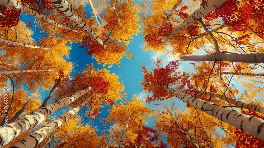 Poster Vibrant Autumn Leaves Against a Clear Blue Sky. Nature's Palette in Fall. Serene Outdoor Scene for Stock Photography. Perfect for Seasonal Themes. AI