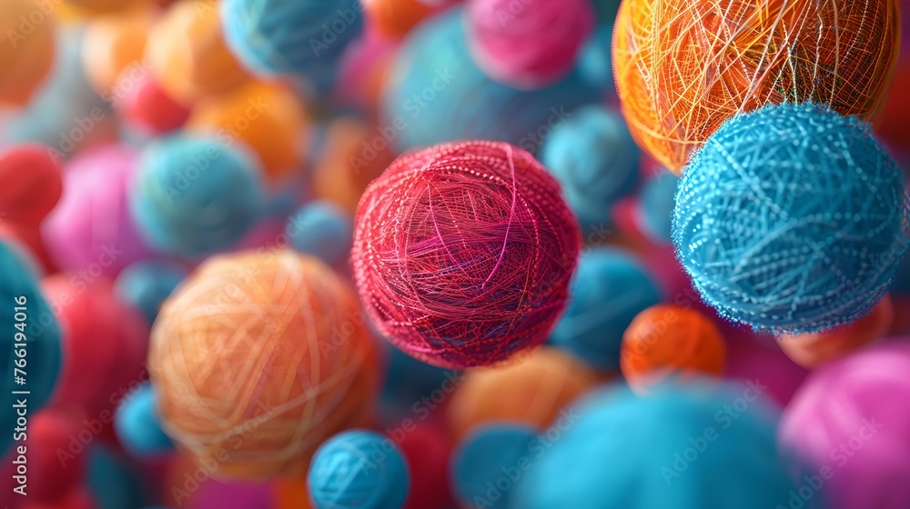 Poster colorful array of yarn balls in soft focus. crafting, knitting and textile concept on display. perfe
