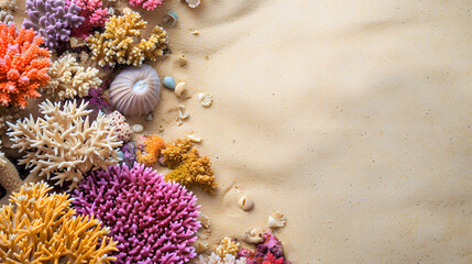 Fototapeta na wymiar beautiful arrangements and piles of colorful coral on aesthetic beach sand with copy space