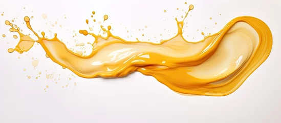 Foto op Plexiglas A splash of orange juice creates a fluid gesture of amber liquid on a white background, resembling a macro photography art piece or a painting in a cuisine ingredient font © TheWaterMeloonProjec