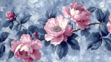  a painting of pink and blue flowers on a blue and white background with leaves and flowers on a blue and white background.