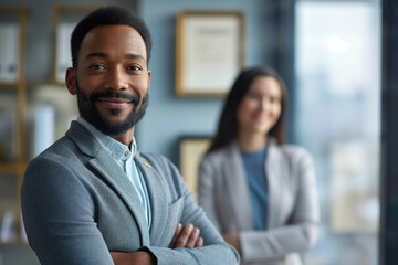 Smiling business man and woman of different races indoors