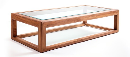 A rectangle wooden coffee table with a glass top, perfect for outdoor furniture. The table is stained with a wood finish, showcasing its hardwood plank design against a white background - Powered by Adobe