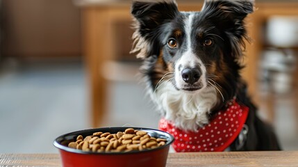 Adorable black and white dog in red bandana waits for meal. pet care, canine nutrition. domestic animals and lifestyle. AI