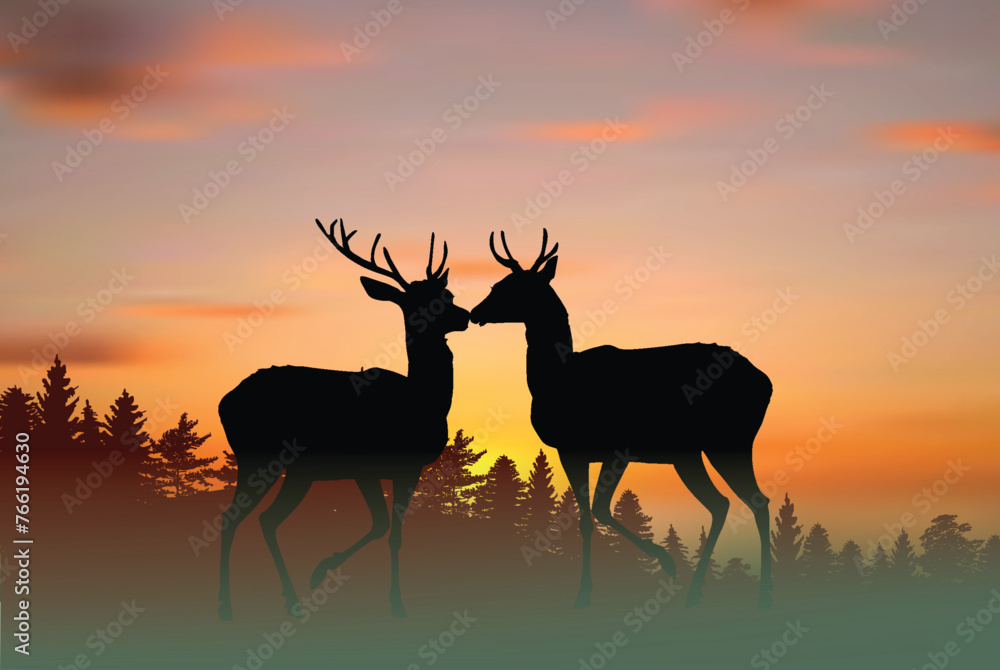 Canvas Prints two deers at orange sunset illustration