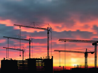 five black cranes build house at sunset
