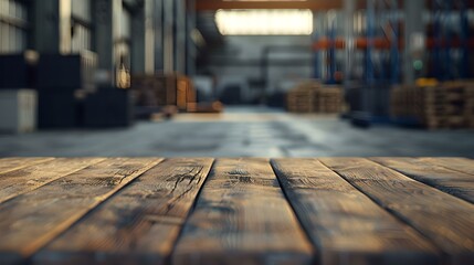 Vintage wooden table surface leading into a blurry warehouse space. industrial background with a warm feel. perfect for commerce and storage. AI - obrazy, fototapety, plakaty