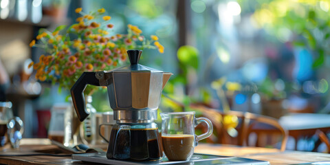 Classic Stovetop Espresso Maker on simple kitchen background with copy space. Metallic stovetop espresso pot.