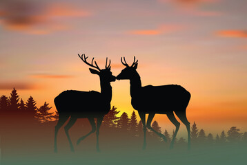 Fototapeta na wymiar two deers at orange sunset illustration
