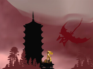 dragon near high pagoda silhouette