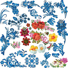 set of blue floral ornamental elements isolated on white