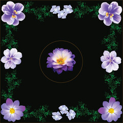 violet flowers frame on black background
