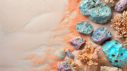 Fototapeta na wymiar beautiful arrangements and piles of colorful coral on aesthetic beach sand with copy space