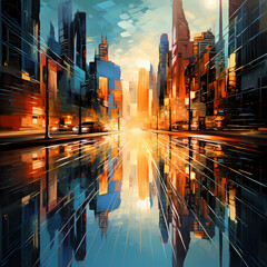 Abstract cityscape with distorted reflections. 