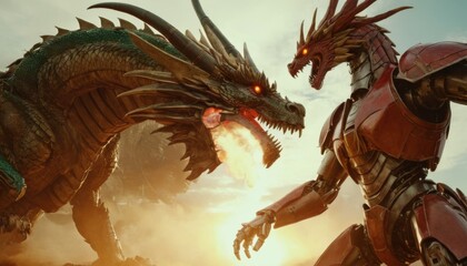 A fierce dragon breathes fire towards a towering robot, depicting a momentous battle scene where fantasy and technology collide with dramatic intensity.