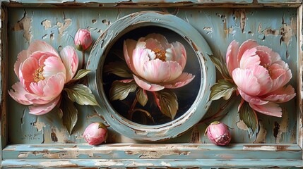  a painting of pink peonies in a blue oval frame on a blue painted wooden surface with peeling paint.