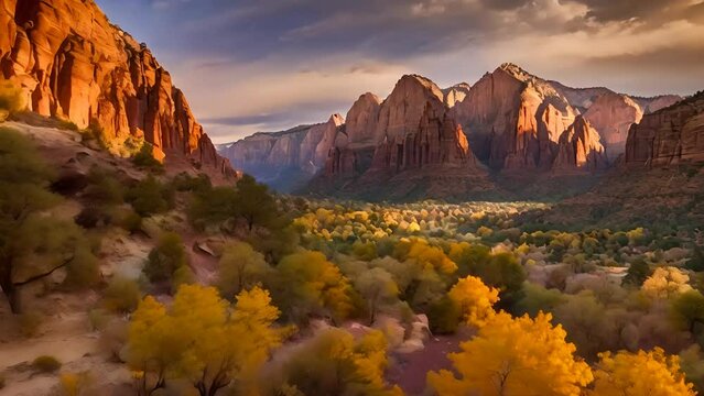Time-lapse of a beautiful landscape with colorful trees and mountains in the background