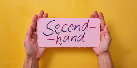 Creative lettering text Second-hand on simple yellow background with copy space. 3d Banner for second hand store.