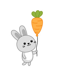 Rabbit is holding balloon in form of carrot. Easter bunny with balloon. Cartoon, vector.