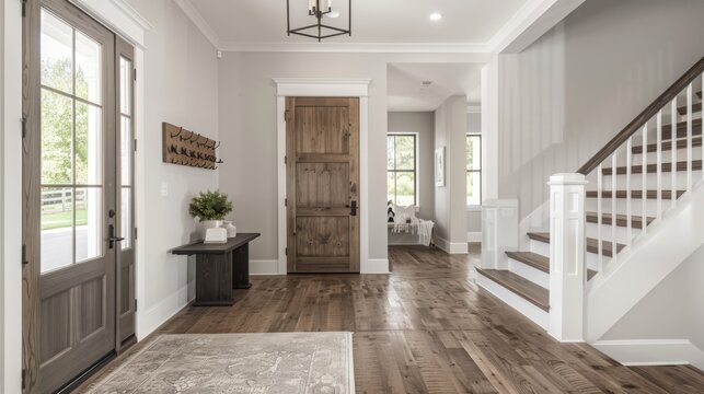 Bright and airy entry foyer with white wall stair case light colored hard wood flooring dark walnut front door entry coat rack hooks to a welcoming interior