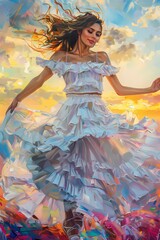 classical impressionist painting of a beautiful Spanish woman with amazing hazelnut eyes by classic masters full body dancing on the street in white ruffled dress background luxury hotel with sunset 