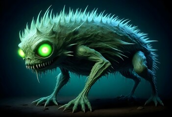 Fungor: A moldy-green creature with spiky tendrils, emitting a fluorescent glow. Its eyes flicker with an eerie blue light, giving it an ominous charm.