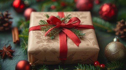  a present wrapped in brown paper with a red ribbon and a red bow sitting on a table next to christmas decorations.