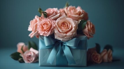  a bouquet of pink roses in a blue gift box with a blue ribbon on a blue background with green leaves.