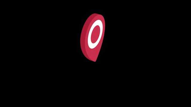 3d animation of location pin GPS icon in red color rotating on transparent background alpha channel