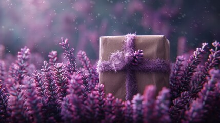  a gift wrapped in a brown paper with a purple ribbon sits in a field of purple flowers with a blurry background. - obrazy, fototapety, plakaty