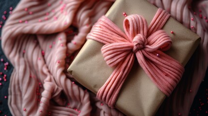  a wrapped present sitting on top of a bed next to a pile of pink sprinkles on top of a blanket.