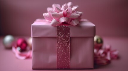  a pink gift box with a pink ribbon and a pink bow on a pink background with pink and silver ornaments.