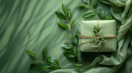  a wrapped present sitting on top of a green cloth with green leaves around it and tied with a twine of twine.
