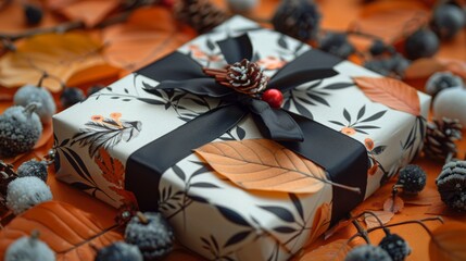  a gift wrapped in black and white paper with a black ribbon and a pine cone on top of it, surrounded by autumn leaves and berries.