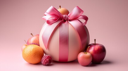  an ornament with a pink ribbon and a bow around it with fruit around it on a pink background.