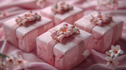  a group of pink gift boxes sitting on top of a bed of pink satin covered bedspreads with flowers on them.