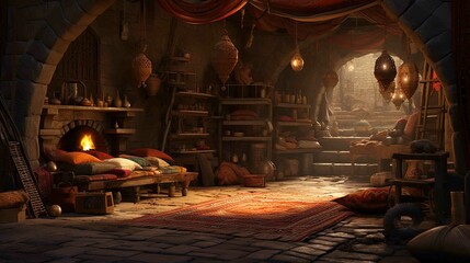 Interior of church in night. AI generated art illustration.