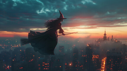 A woman wearing a witch costume flies on a broomstick over the city skyline.