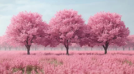 Foto op Plexiglas anti-reflex  a group of trees that are in the middle of a field with pink flowers in the foreground and a blue sky in the background. © Shanti