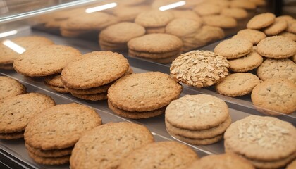 mixed fresh organic oat biscuit cookies in bakery display