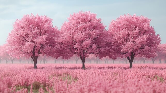  a group of trees that are in the middle of a field with pink flowers in the foreground and a blue sky in the background.