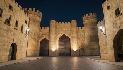 old city fortress gates landmark in downtown baku azerbaijan at night