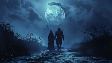 A young couple wearing matching vampire costumes walk hand in hand under the full moon. - obrazy, fototapety, plakaty