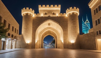 old city fortress gates landmark in downtown baku azerbaijan at night