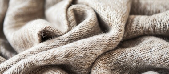 A closeup of a grey fur blanket on a wooden bed with a unique pattern, resembling an artifact, creating a cozy and artistic atmosphere