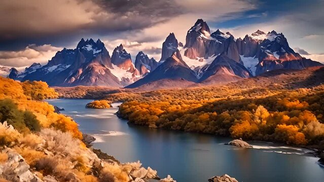 Beautiful Patagonia landscape with mountains, river and forest