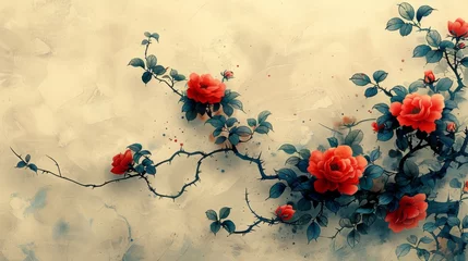   a painting of a branch with red flowers and green leaves on a white background with a splash of blue paint. © Shanti